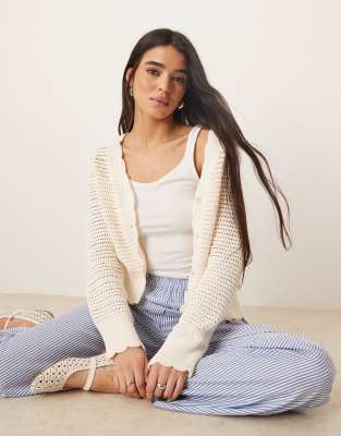 Asos Design Knit Crochet Look Cardigan With Scalloped Edge In White