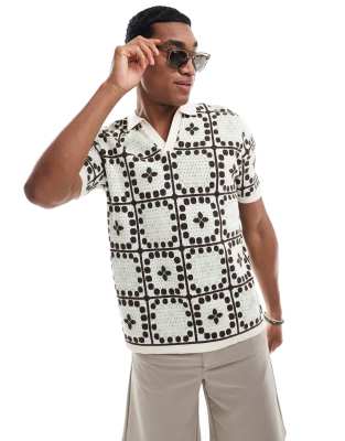 Asos Design Knit Crochet Notch Neck Polo In Sage Green And Brown