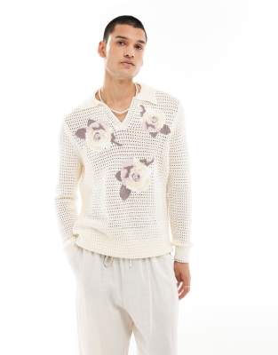 Asos Design Knit Crochet Notch Neck Polo Shirt In Ecru With Floral Embroidery-neutral