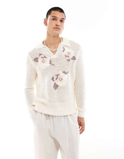 ASOS DESIGN knit crochet notch neck polo shirt in ecru with floral embroidery - view 1