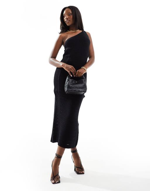 ASOS DESIGN knit crochet one shoulder maxi dress in black