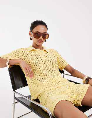 Asos Design Knit Crochet Polo Top In Yellow