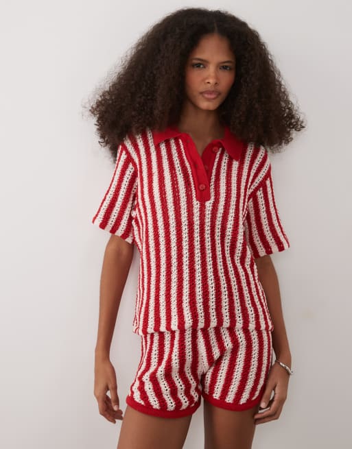 ASOS DESIGN knit crochet polo top in red stripes - part of a set, 2 of 4