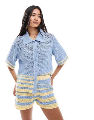 Asos Design Knit Crochet Shirt With Shell Buttons In Blue