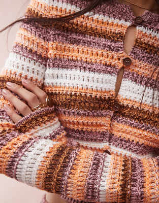 Asos Design Knit Crochet Stripe Cardigan In Multi