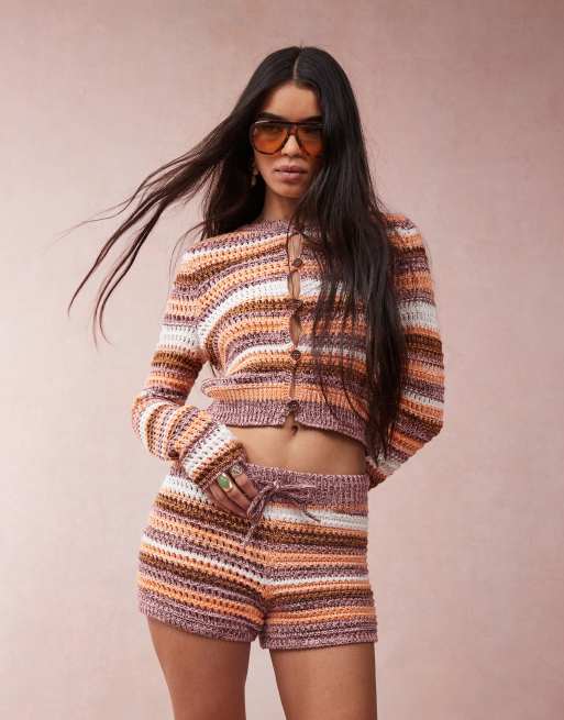 ASOS DESIGN knit crochet stripe mini shorts in multi twist yarn - part of a set