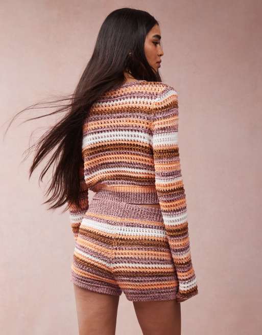 ASOS DESIGN knit crochet stripe mini shorts in multi twist yarn - part of a set