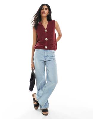 Asos Design Knit Crochet Tank Top With Gold Tone Flower Buttons In Burgundy