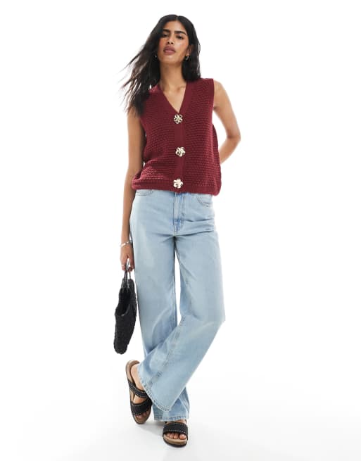ASOS DESIGN knit crochet tank top with gold tone flower buttons in rust, 2 of 4