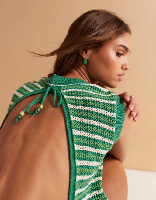ASOS DESIGN knit crochet tank top with open back in green stripe - part of a set