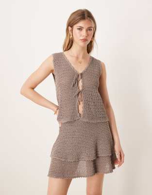 Asos Design Knit Crochet Tie Front Tank Top In Brown