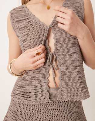 Asos Design Knit Crochet Tie Front Tank Top In Brown