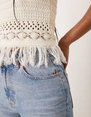 Asos Design Knit Crochet Top With Fringing