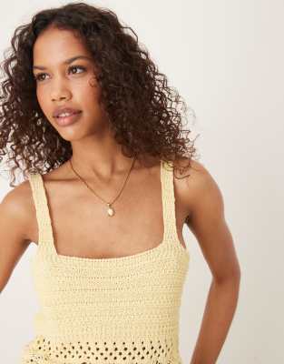 Asos Design Knit Crochet Top With Fringing In Yellow