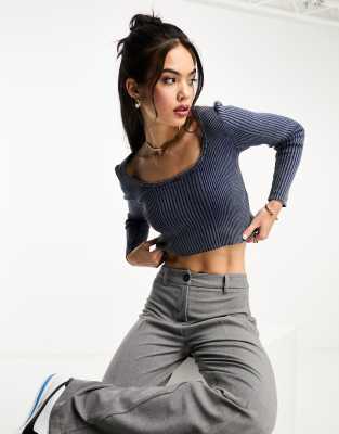 knit crop top in acid wash in navy