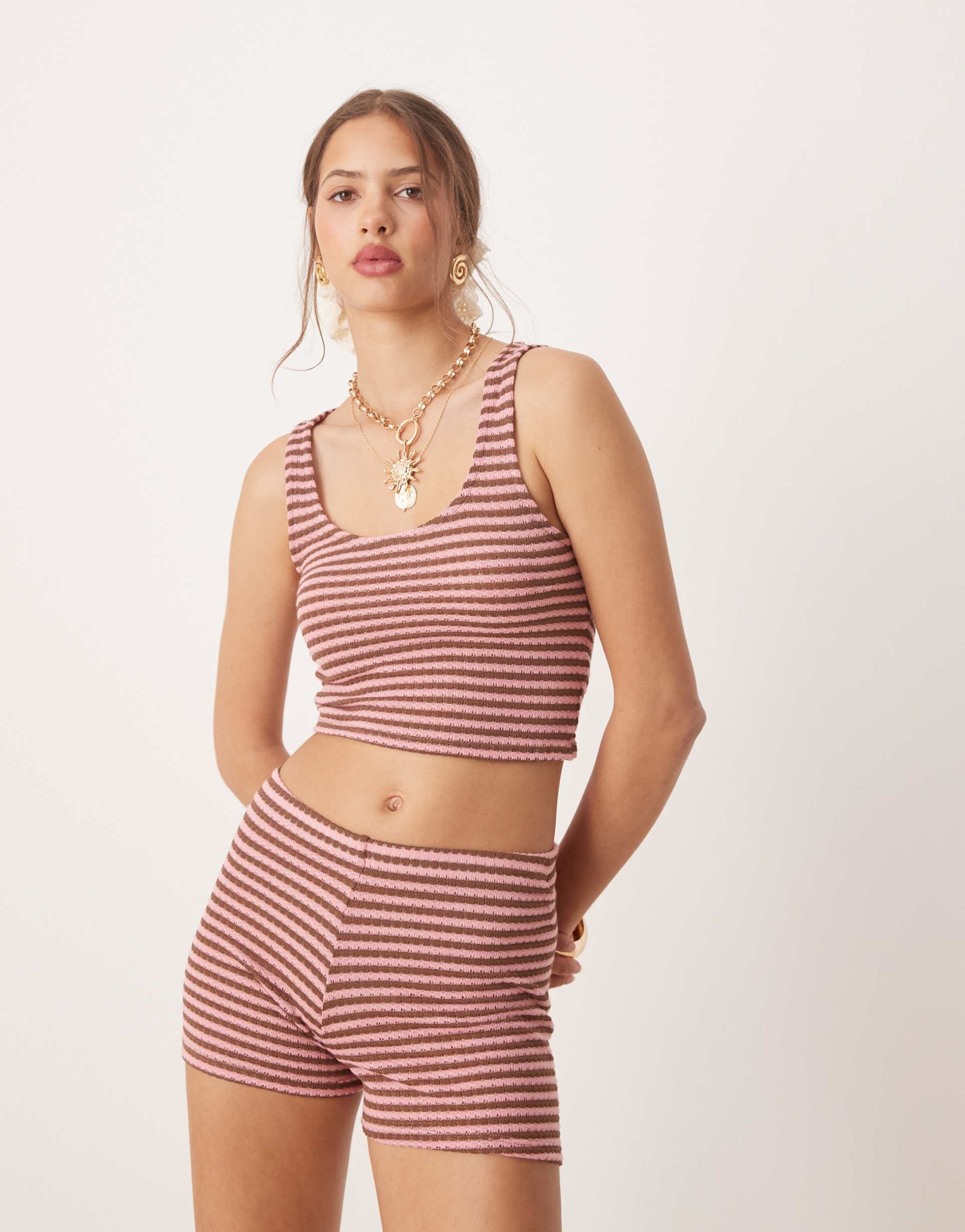 asos design knit cropped cami top in pink and brown stripe - part of a set