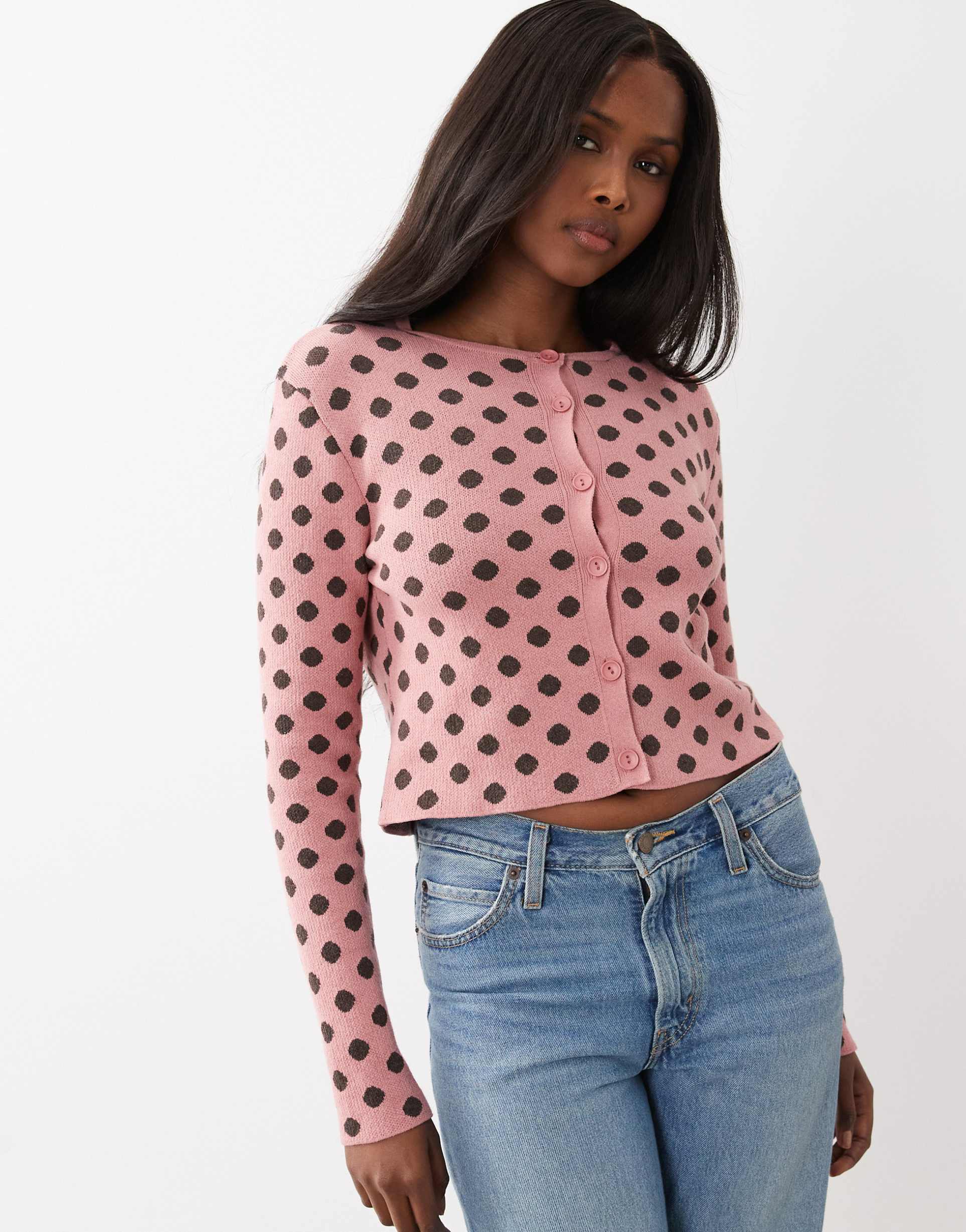 asos design knit cropped cardigan in pink polka dots