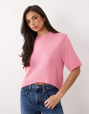 Asos Design Knit Curved Hem Sweater In Pink