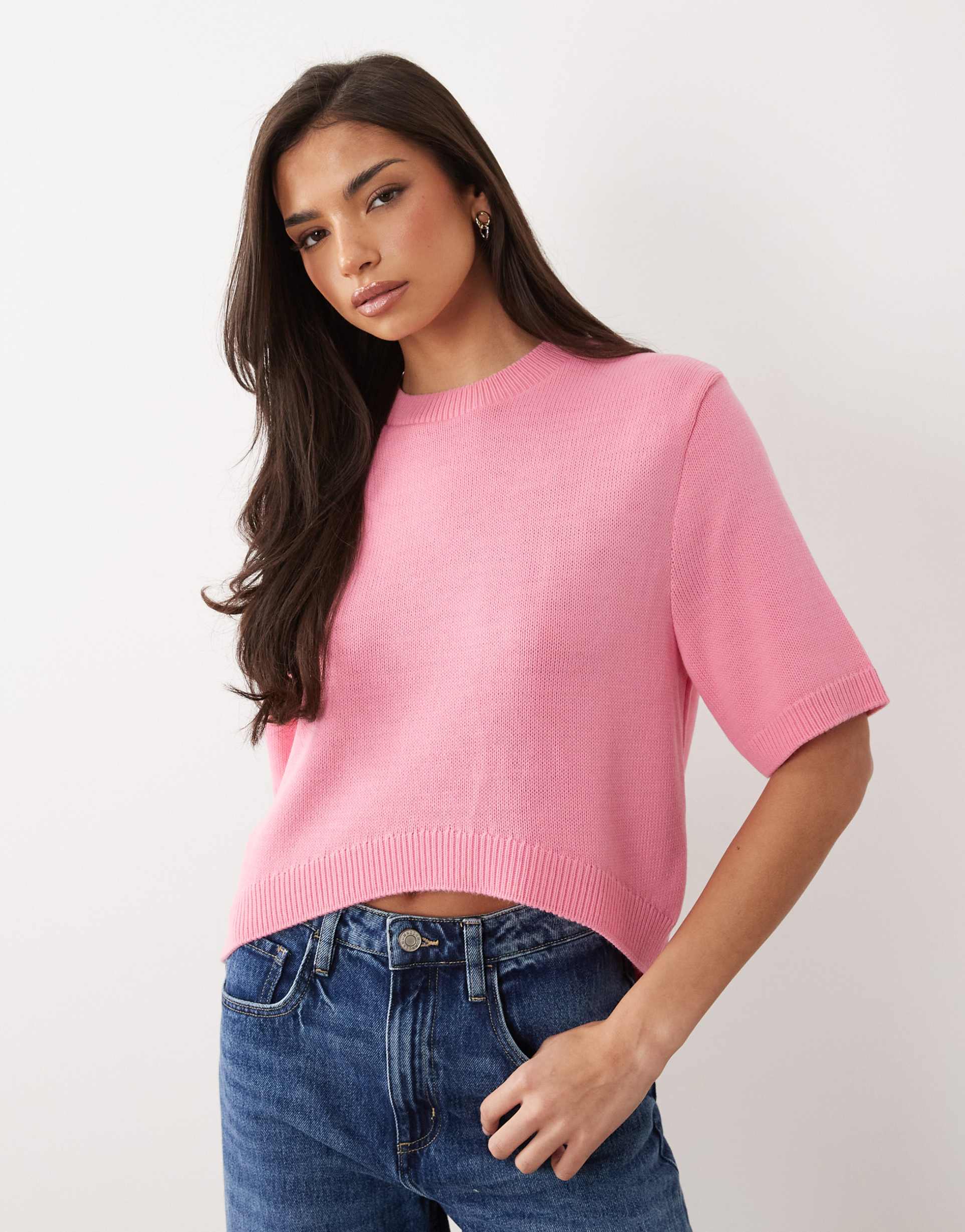 asos design knit curved hem sweater in pink