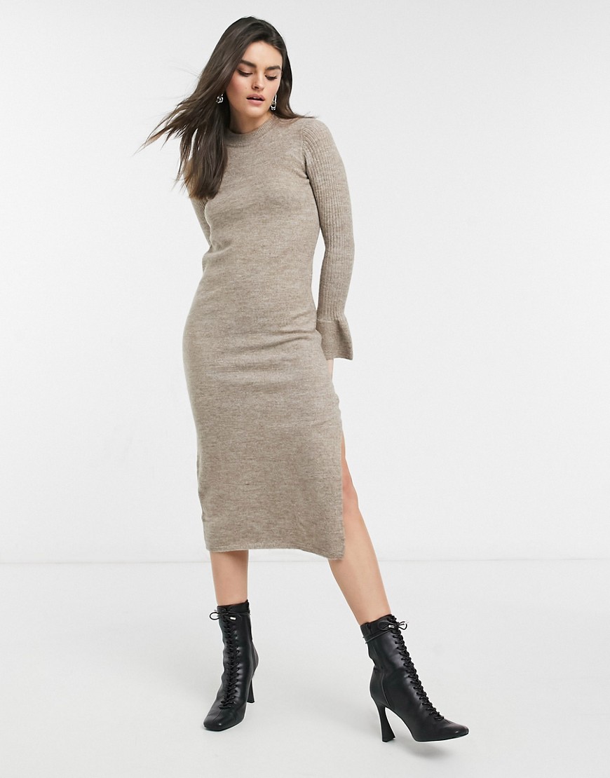 ASOS DESIGN knit dress with bell sleeve detail in taupe-Neutral
