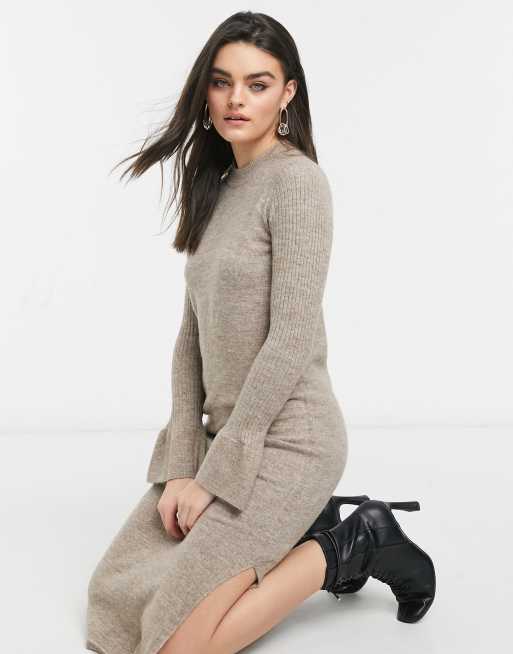 ASOS DESIGN knit dress with bell sleeve detail in taupe