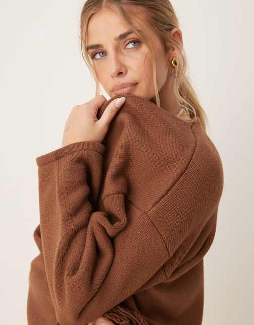 ASOS DESIGN knit edge to edge cardigan with fringe detail in rust, 3 of 4