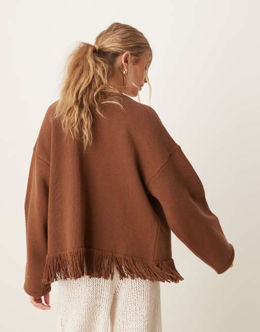 ASOS DESIGN knit edge to edge cardigan with fringe detail in rust, 4 of 4