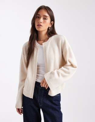Asos Design Knit Edge To Edge Cardigan With Patch Pockets In White