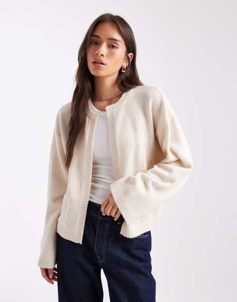 ASOS DESIGN knit edge to edge cardigan with patch pockets in cream - view 1