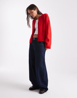 Asos Design Knit Edge To Edge Cardigan With Patch Pockets In Red