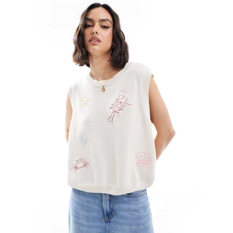 トップス Embroidery Collar Knitted Top - ecru knitted_short_sleeve_crochet_c