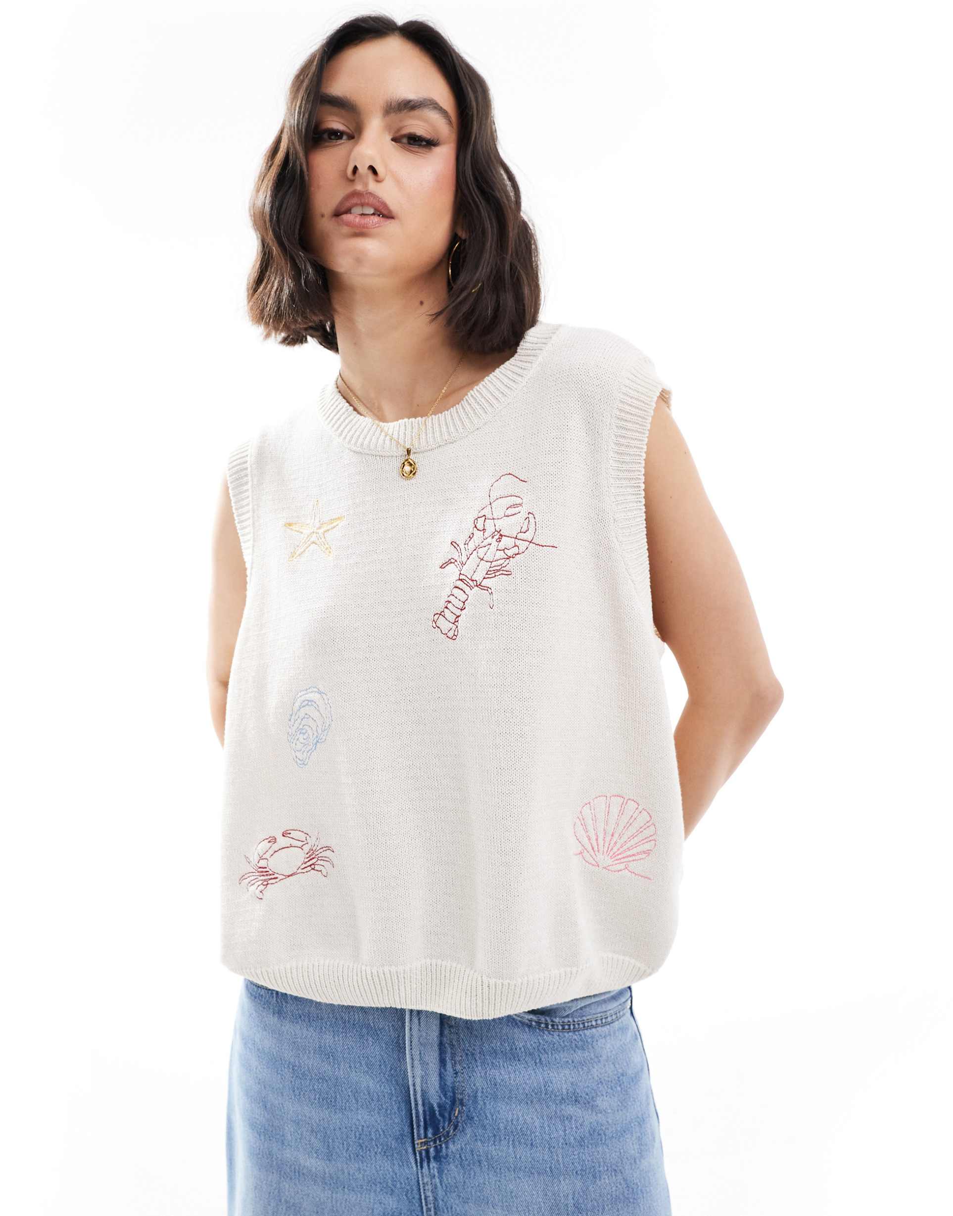asos design knit embroidered fish and shell tank top in ecru