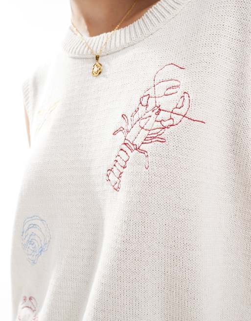 ASOS DESIGN knit embroidered fish and shell tank top in ecru, 3 of 4
