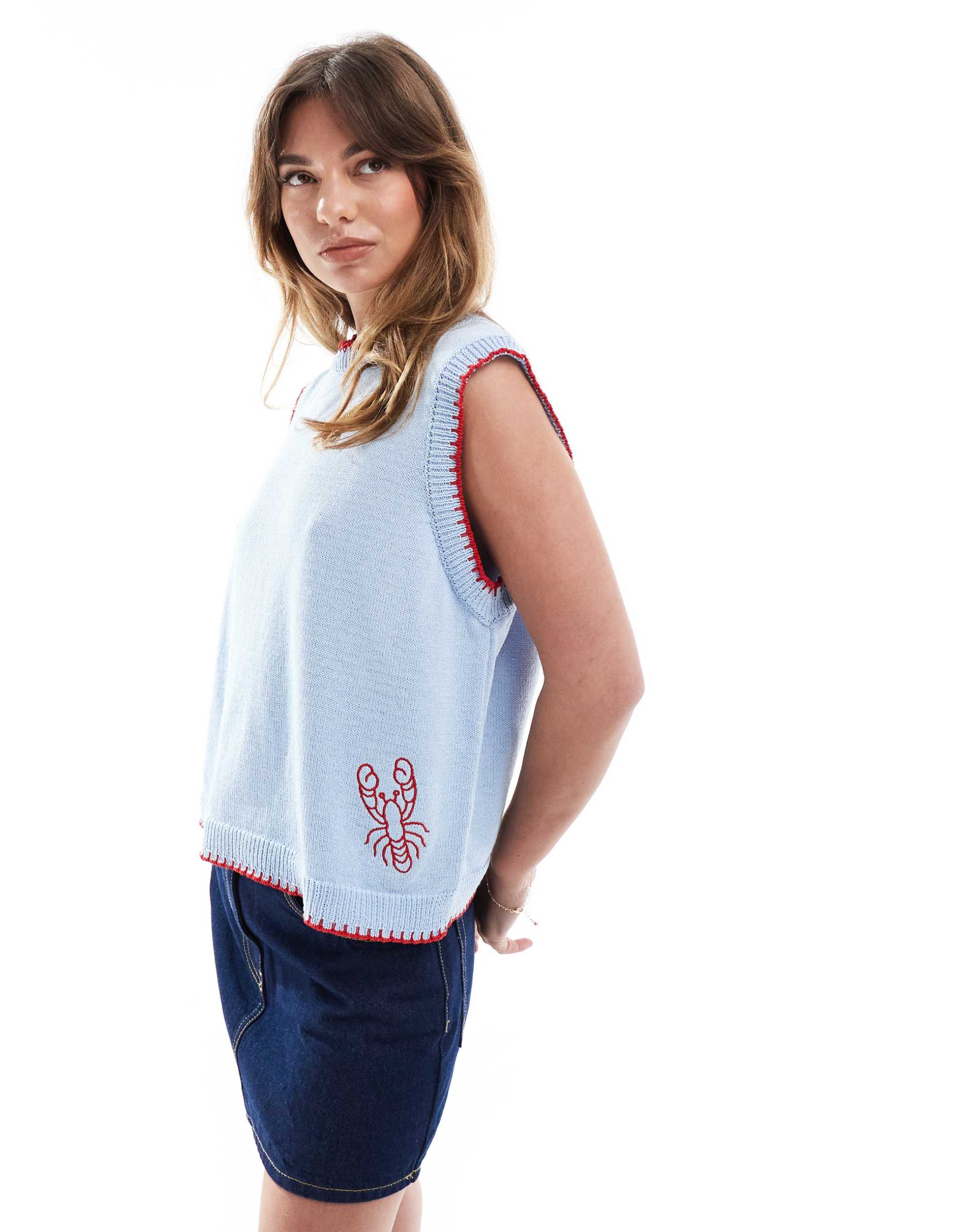 asos design knit embroidered lobster tank top in light blue