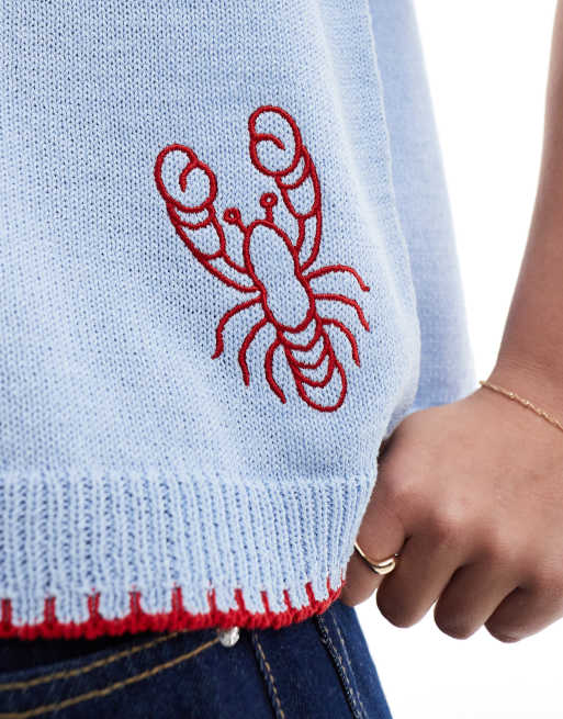 ASOS DESIGN knit embroidered lobster tank top in light blue