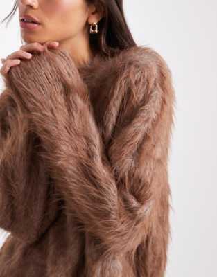 Asos Design Knit Extreme Eyelash Crew Neck Sweater In Brown