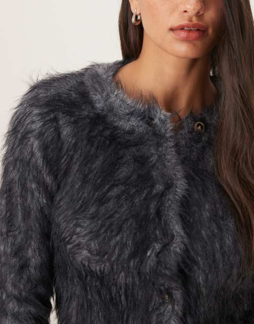 ASOS DESIGN knit extreme eyelash neat fit cardigan in gray, 3 of 4