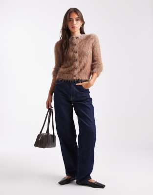 Asos Design Knit Extreme Eyelash Neat Fit Cardigan In Brown