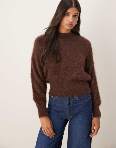 ASOS DESIGN knit eyelash waisted crew neck sweater in chocolate - view 1