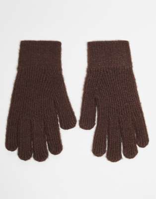 Asos Design Knit Eyelash Yarn Gloves In Brown