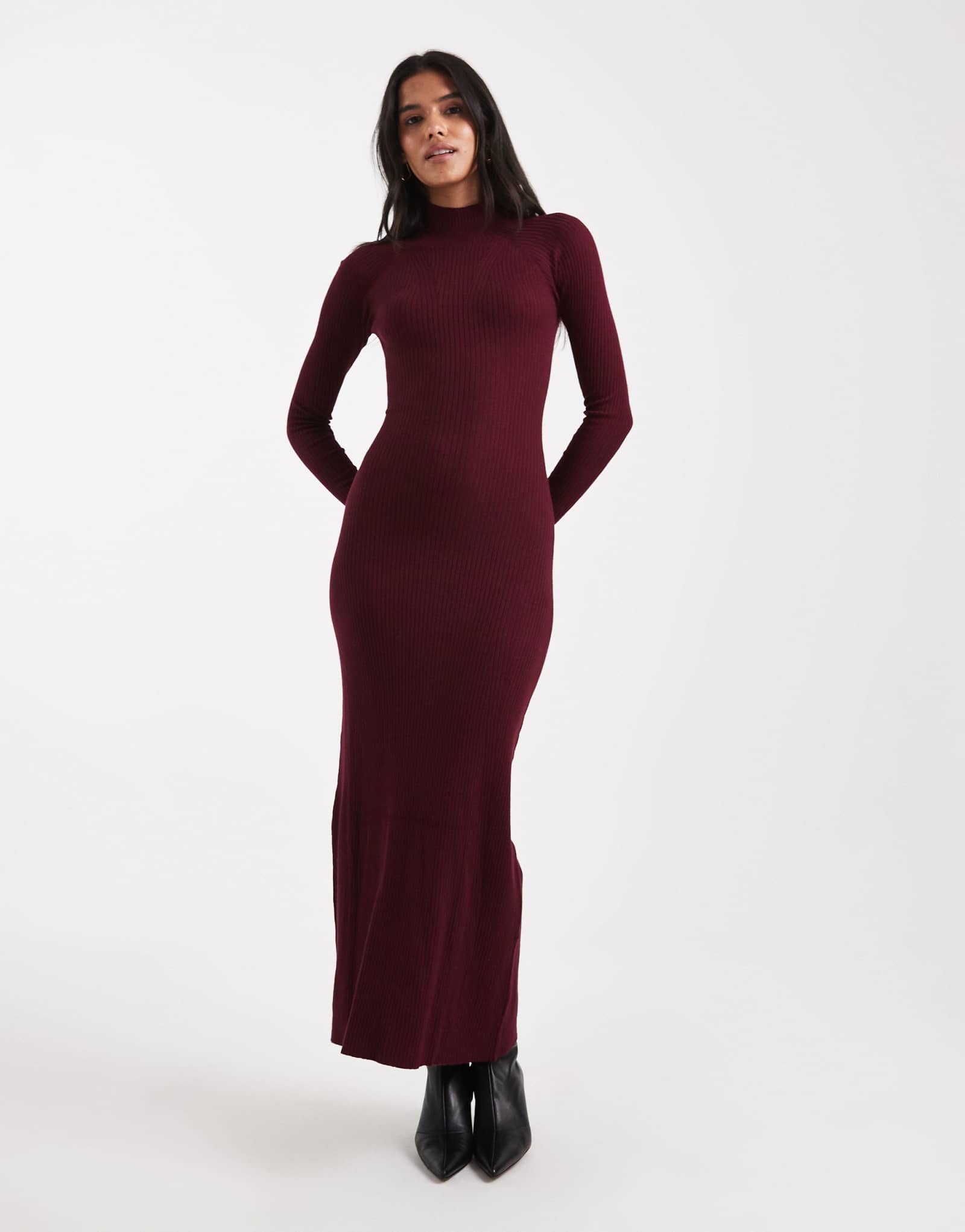 ДИЗАЙНЕРСКОЕ трикотажное платье макси из тонкого трикотажа ASOS бордового цвета с деталями в рубчик