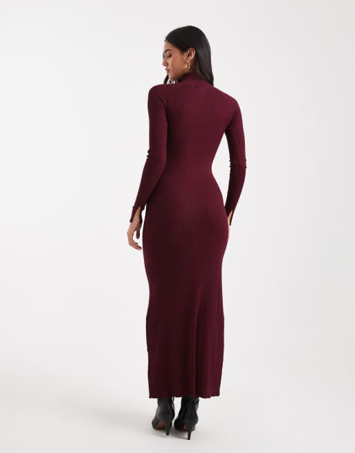 ASOS DESIGN knitted fine gauge maxi dress with rib detail in burgundy