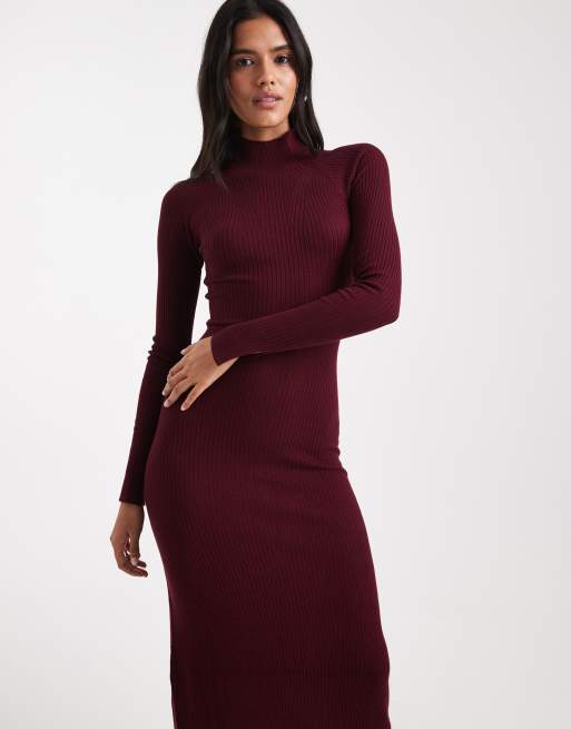 ASOS DESIGN knitted fine gauge maxi dress with rib detail in burgundy