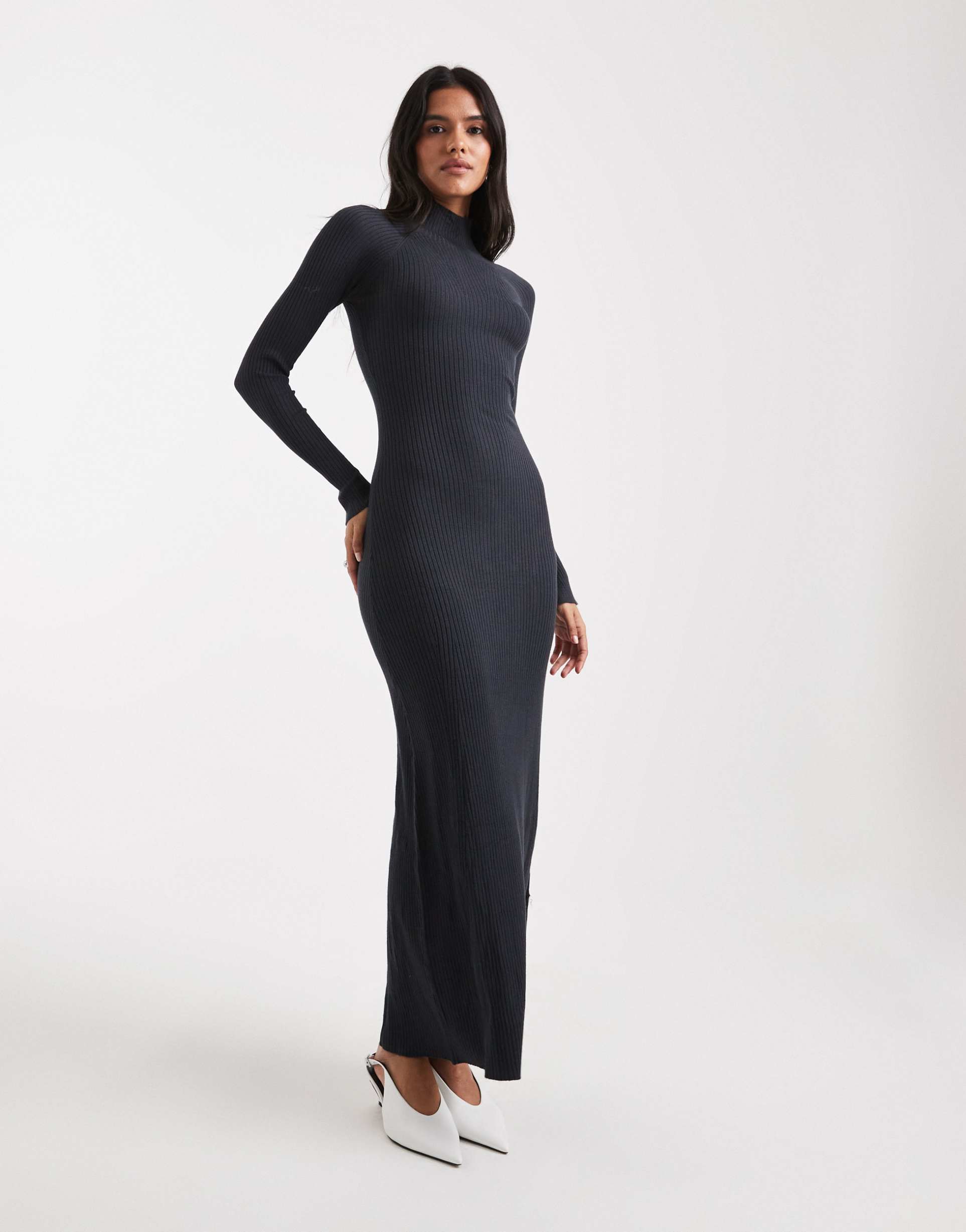 asos design knit fine gauge maxi dress with ribbed detail in charcoal