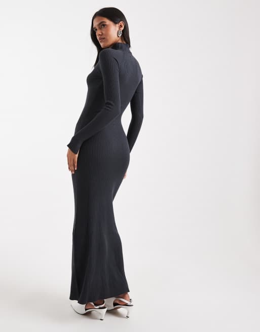 ASOS DESIGN knit fine gauge maxi dress with ribbed detail in charcoal
