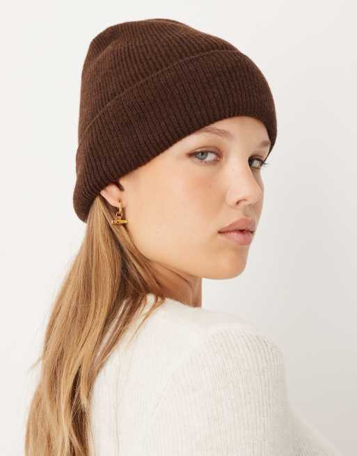 ASOS DESIGN knit fine gauge wool beanie in chocolate