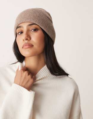 Asos Design Knit Fine-gauge Wool Blend Beanie In Neutral