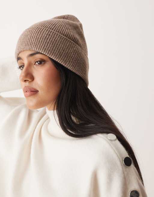 ASOS DESIGN knit fine-gauge wool blend beanie in oatmeal