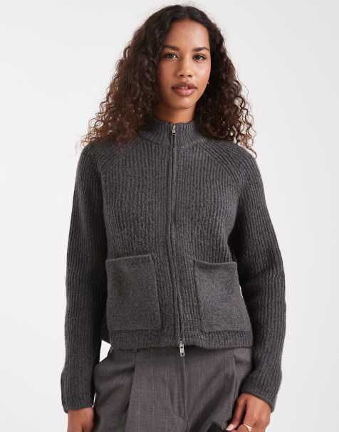 ASOS DESIGN knit fisherman ribbed bomber jacket with pocket detail in charcoal - view 1