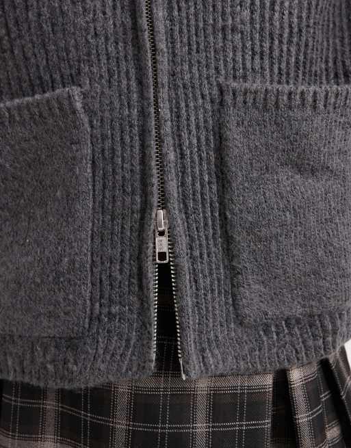 ASOS DESIGN knit fisherman ribbed bomber jacket with pocket detail in charcoal